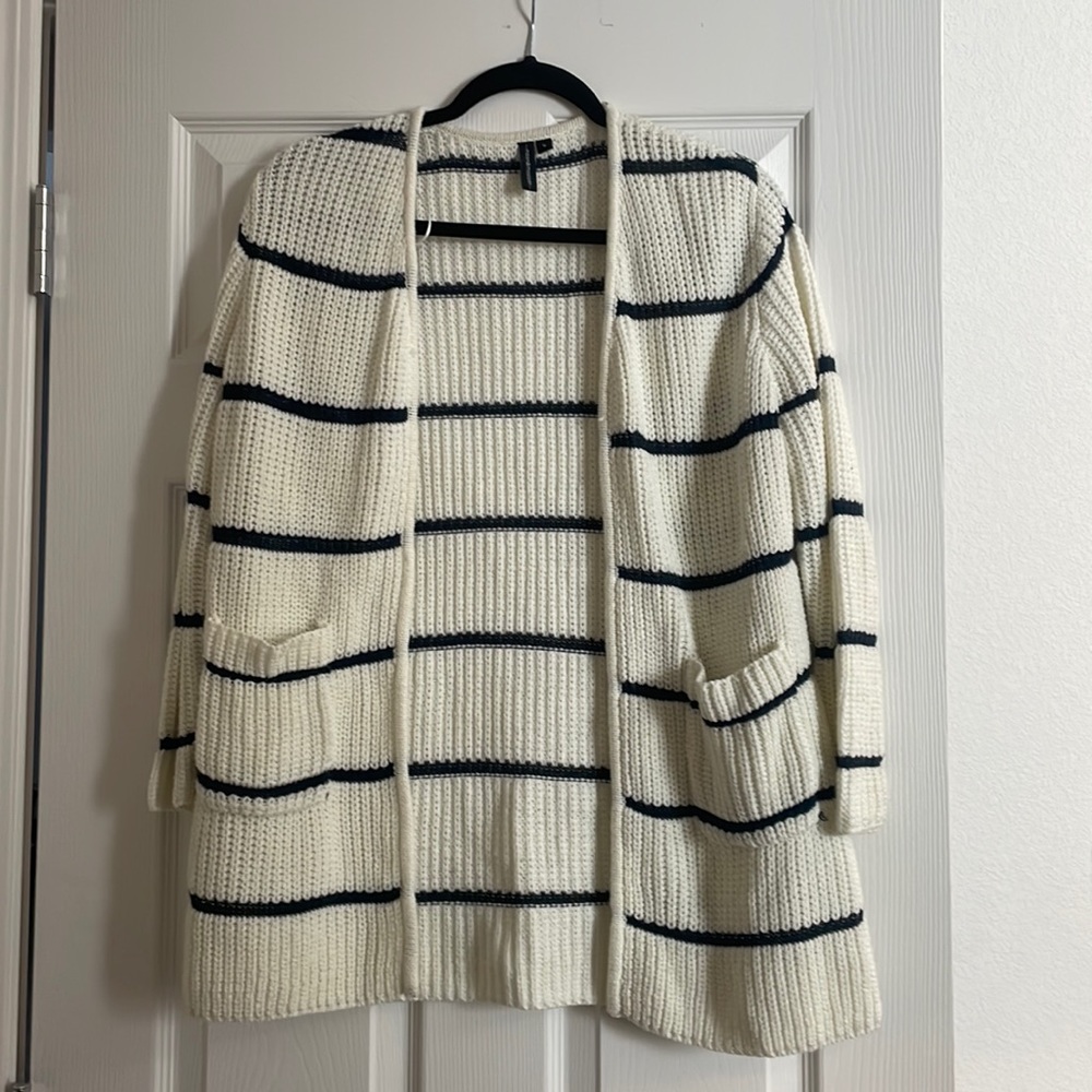 White and navy striped cardigan with pockets, size small